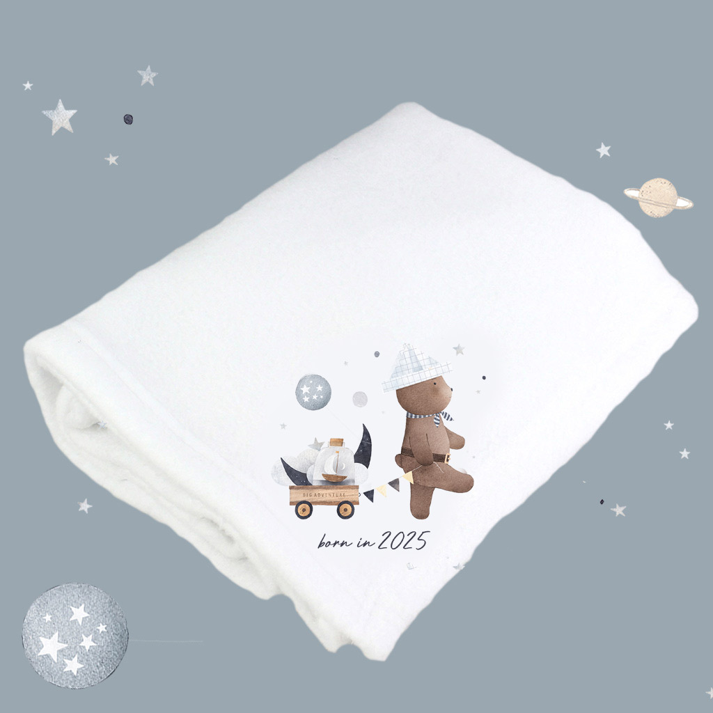 Born In 2025 Cute Bear White Cotton Baby Pram Blanket